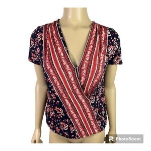 Lucky Brand Wildflower Short Sleeve Faux Wrap Navy NWT Cotton/Modal Sz S.